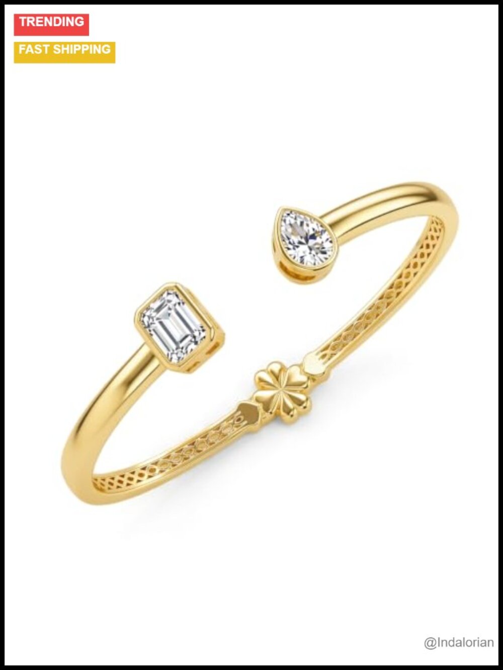 3.25 CTTW Moissanite 14K Gold Plated Cuff Bracelet Toi et Moi Emerald Pear Cut